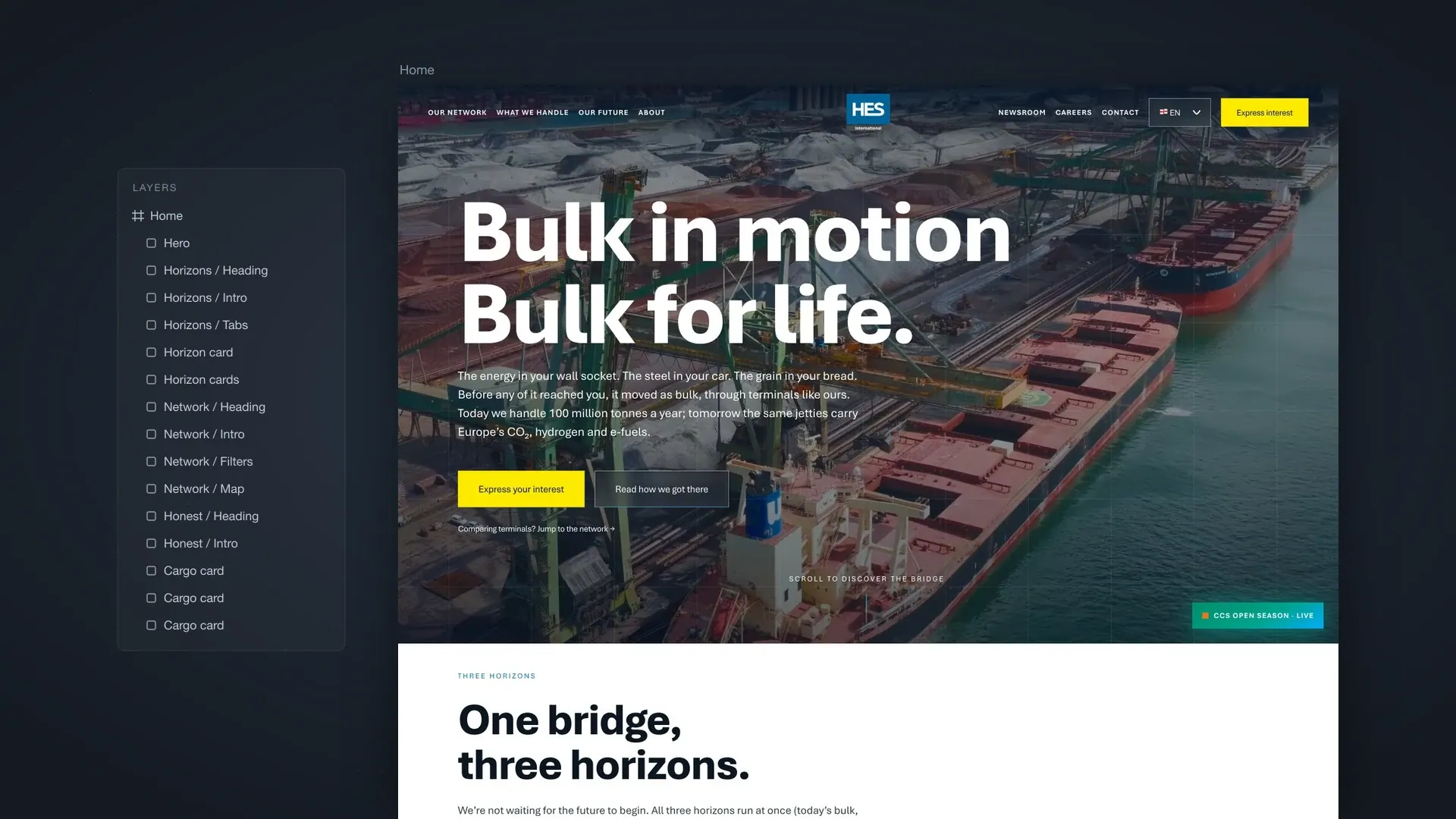 The HES International homepage as a Figma frame named Home, beside a layers panel listing its sections: hero, three horizons, network map and the honest about today cards